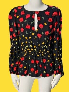 Banana Republic Black Floral Keyhole Peplum Blouse with Red & Yellow Flowers